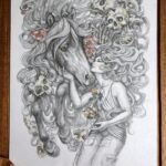 From Fear, from love. Photo. A drawing of a female representing figure, a horse and skulls