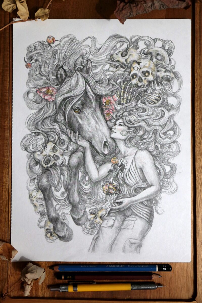 From Fear, from love. Photo. A drawing of a female representing figure, a horse and skulls