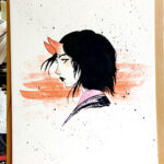 Portrait Profile of a demon woman with orange horns and short black hair, pink collar on clothes