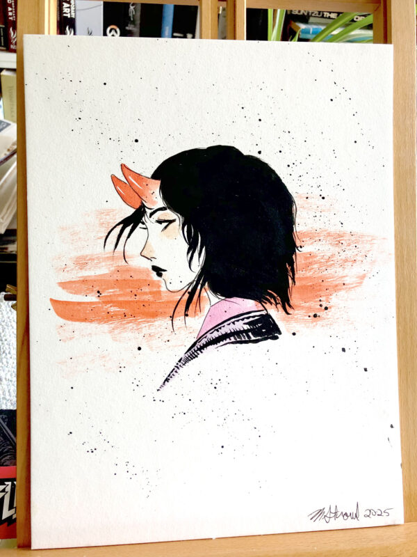 Portrait Profile of a demon woman with orange horns and short black hair, pink collar on clothes