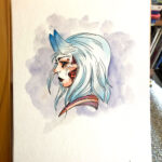 ink and colored pencil profile portrait of a woman with blue horns, blue tipped wavy hair, she has rounded triangle orange/red shapes within, dark blue watercolor background
