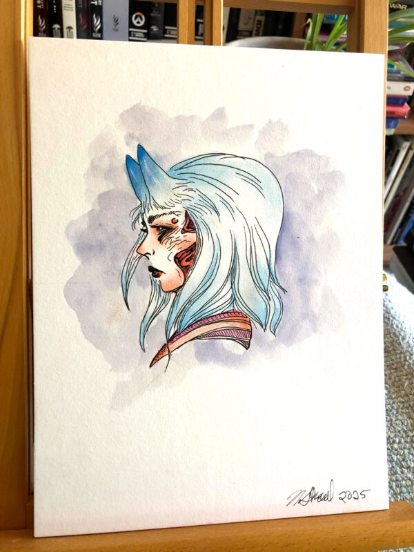 ink and colored pencil profile portrait of a woman with blue horns, blue tipped wavy hair, she has rounded triangle orange/red shapes within, dark blue watercolor background