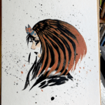 profile portrait of a woman with horns and mid length dark hair with orange highlights and bands through it. Her horns are orange with bands of blue and and circle on each horn