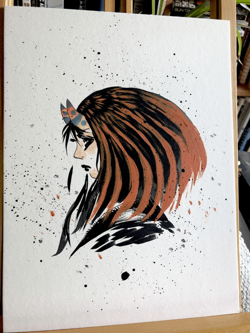 profile portrait of a woman with horns and mid length dark hair with orange highlights and bands through it. Her horns are orange with bands of blue and and circle on each horn