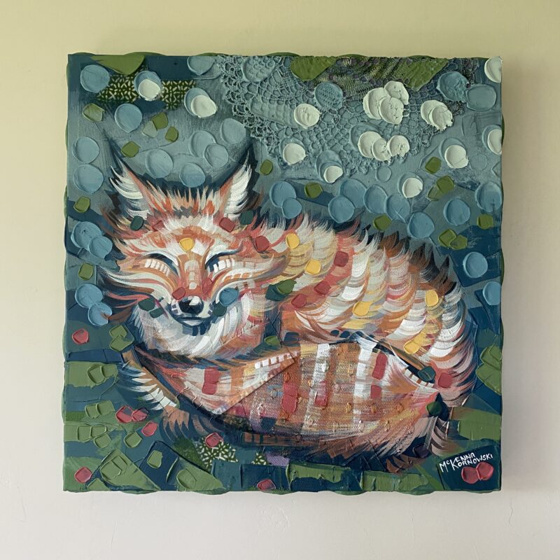 Middle ground view of a fox painting.