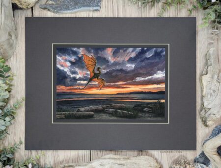 A dragon flies over a beach with driftwood logs, a sunset and ocean in the background.