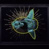 Metallic teal sunfish skeleton in glowing neon yellow outline, a golden sunburst behind