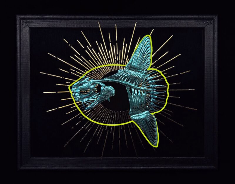 Metallic teal sunfish skeleton in glowing neon yellow outline, a golden sunburst behind