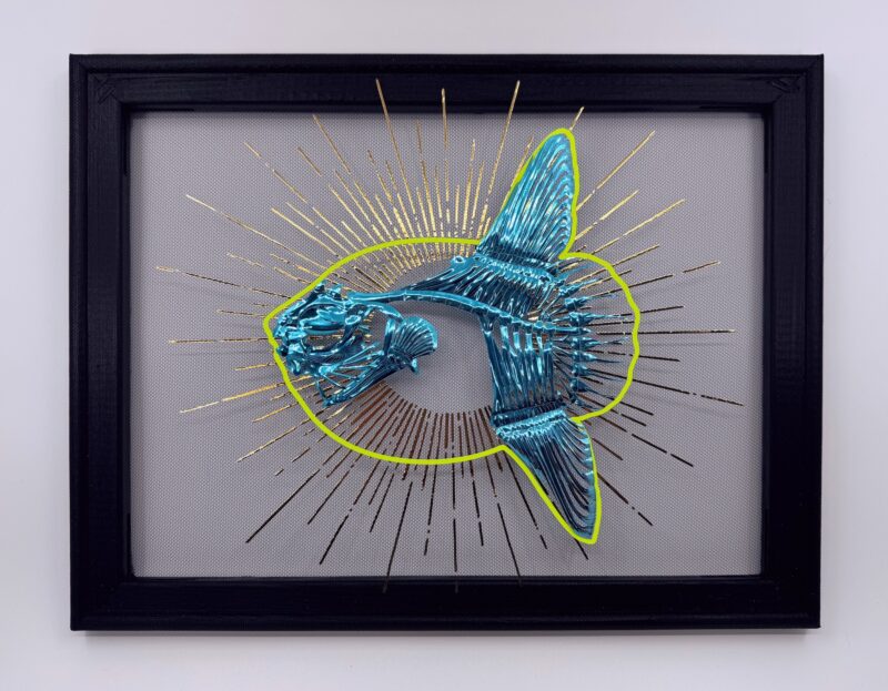 Metallic teal sunfish skeleton in glowing neon yellow outline, a golden sunburst behind