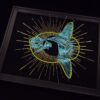 Metallic teal sunfish skeleton in glowing neon yellow outline, a golden sunburst behind