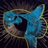 Metallic teal sunfish skeleton in glowing neon yellow outline, a golden sunburst behind