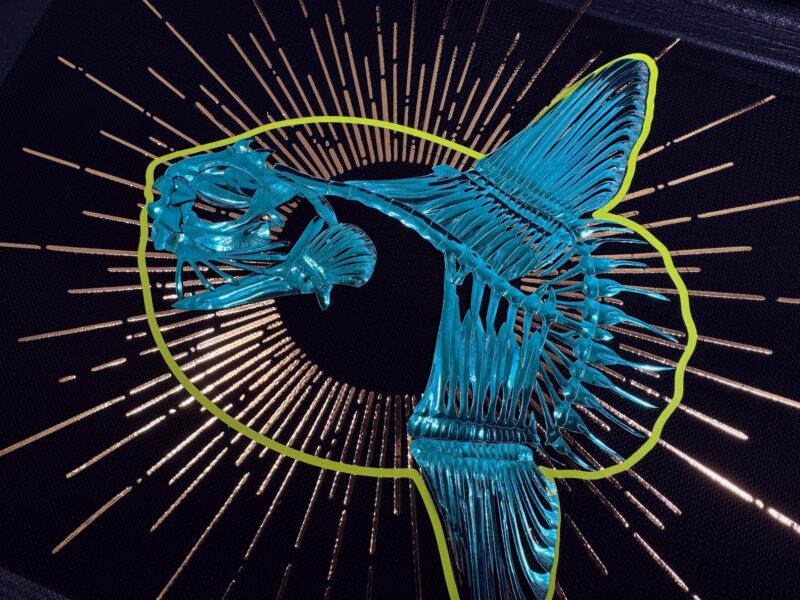 Metallic teal sunfish skeleton in glowing neon yellow outline, a golden sunburst behind