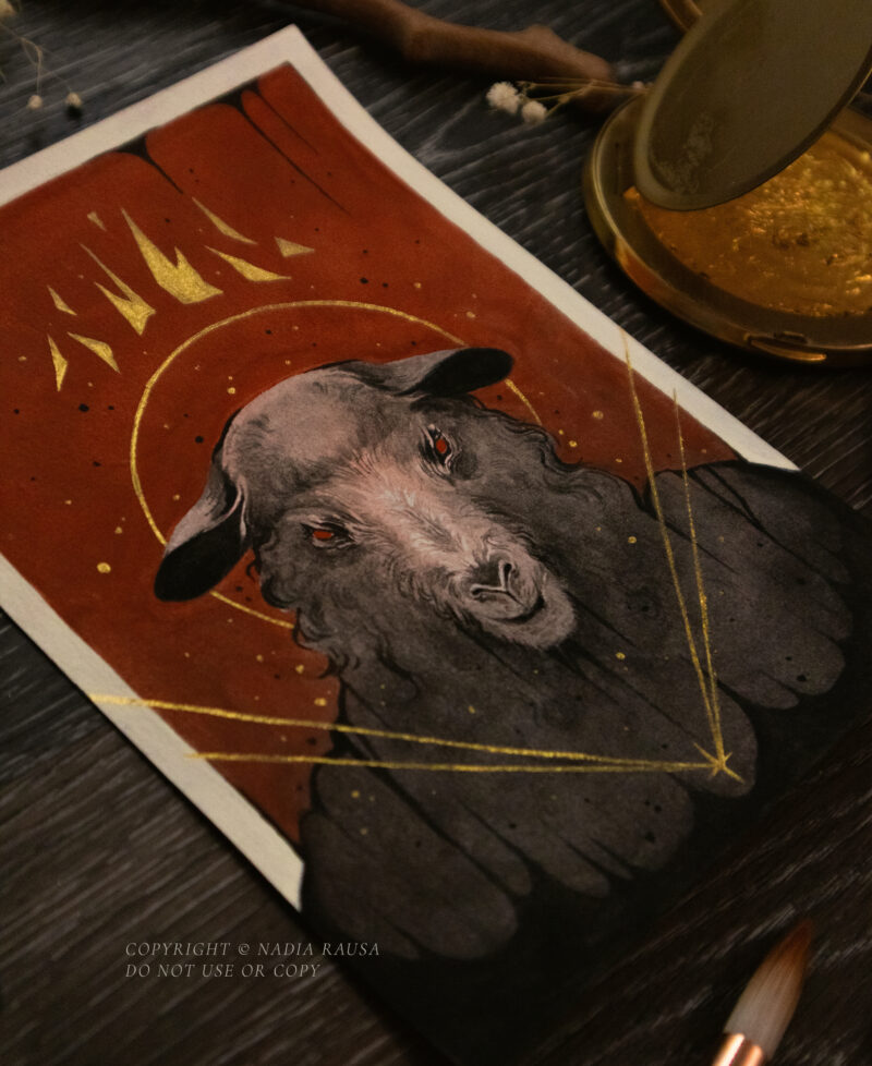 A painting of a sheep with red eyes. The background is solid red with black drips at the top. Above the sheep's head is a broken gold crown. A small gold star and four gold lines burst out from the sheep's chest.