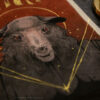 A painting of a sheep with red eyes. The background is solid red with black drips at the top. Above the sheep's head is a broken gold crown. A small gold star and four gold lines burst out from the sheep's chest.