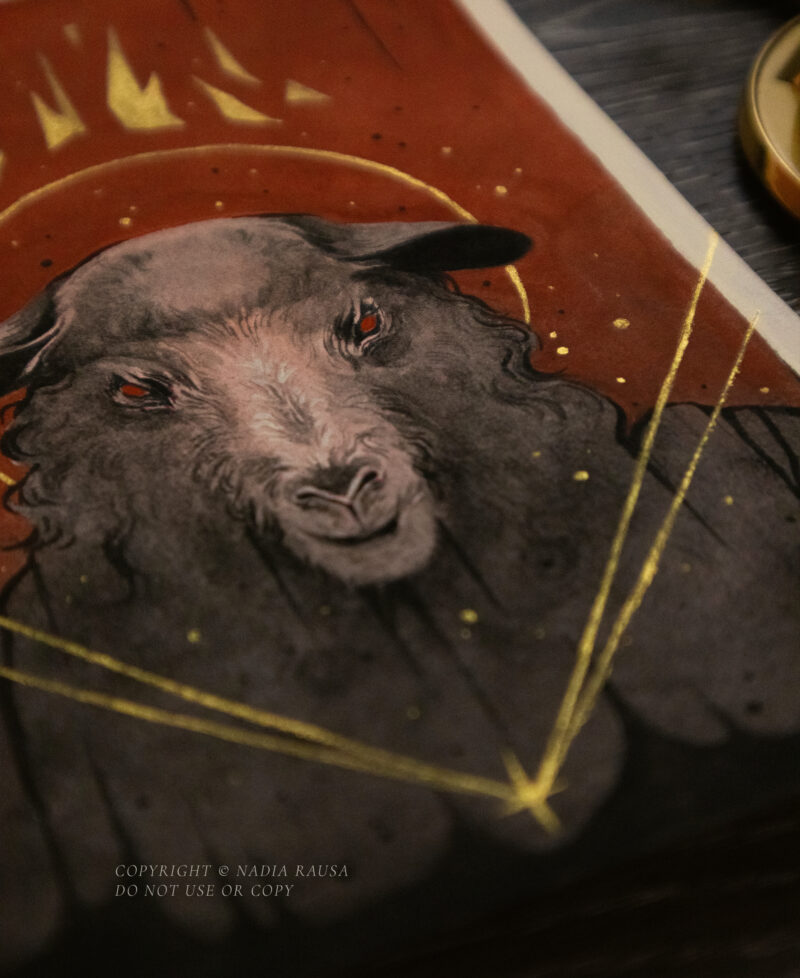 A painting of a sheep with red eyes. The background is solid red with black drips at the top. Above the sheep's head is a broken gold crown. A small gold star and four gold lines burst out from the sheep's chest.