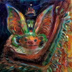 A brightly colored painting of a bat framed for display