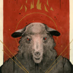 A painting of a sheep with red eyes. The background is solid red with black drips at the top. Above the sheep's head is a broken gold crown. A small gold star and four gold lines burst out from the sheep's chest.