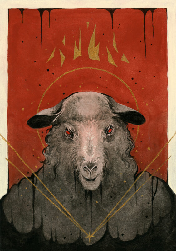 A painting of a sheep with red eyes. The background is solid red with black drips at the top. Above the sheep's head is a broken gold crown. A small gold star and four gold lines burst out from the sheep's chest.