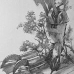 Greg Manchess drawing of an iron dragon's foot with roses growing around it.