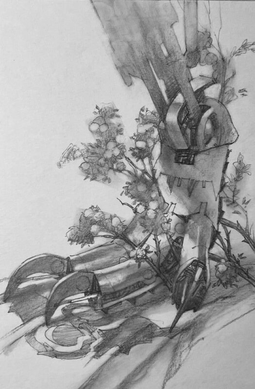 Greg Manchess drawing of an iron dragon's foot with roses growing around it.