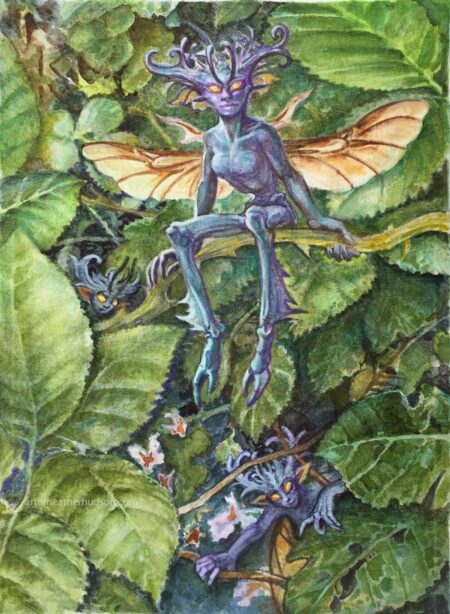 several blue violet fairies lurk amid leaves and thorny branches