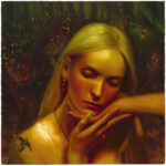 View of an oil painting featuring a girl with a jewel beetle on her shoulder. Her face is being cradled by a hand out of frame. The background is lined by luminous sundews.