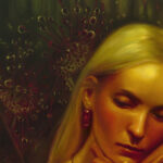 View of an oil painting featuring a girl with a jewel beetle on her shoulder. Her face is being cradled by a hand out of frame. The background is lined by luminous sundews.