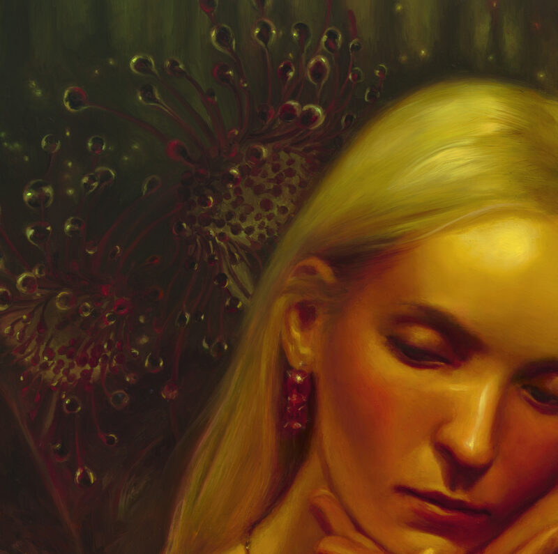 View of an oil painting featuring a girl with a jewel beetle on her shoulder. Her face is being cradled by a hand out of frame. The background is lined by luminous sundews.