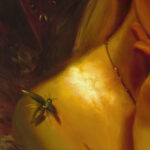 View of an oil painting featuring a girl with a jewel beetle on her shoulder. Her face is being cradled by a hand out of frame. The background is lined by luminous sundews.