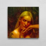 View of an oil painting featuring a girl with a jewel beetle on her shoulder. Her face is being cradled by a hand out of frame. The background is lined by luminous sundews.