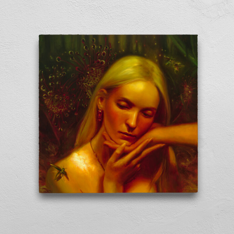 View of an oil painting featuring a girl with a jewel beetle on her shoulder. Her face is being cradled by a hand out of frame. The background is lined by luminous sundews.