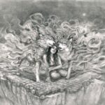 Graphite drawing with a woman in the center with 2 wolves with smoke around them. They're on top of square blocks that are falling from a cliff