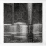 A graphite drawing of a hooded figure sharing a moment with a small bird in a fantastical landscape