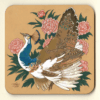 Painting on a square coaster of a pied peahen surrounded by pink peonies.