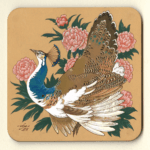 Painting on a square coaster of a pied peahen surrounded by pink peonies.