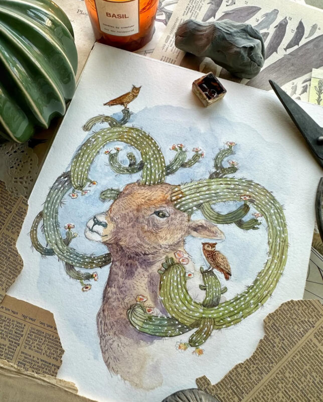 Whimsical Watercolour painting of Desert Ram with cactus horns