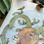 Whimsical Watercolour painting of Desert Ram with cactus horns