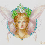 a woman's face with red hair and fairy wings behind her