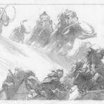 Bronze age inspired warriors confronting each other -- one group on horses, another on mammoths.