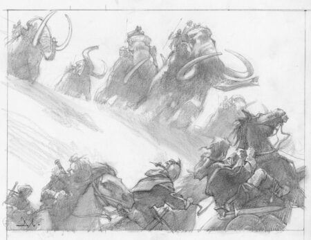 Bronze age inspired warriors confronting each other -- one group on horses, another on mammoths.