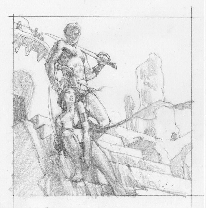 A sketch of John Carter and Princess of Mars.