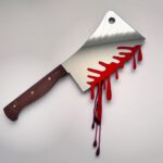 Large silver cleaver with wooden handle, dripping blood