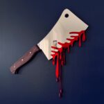 Large silver cleaver with wooden handle, dripping blood