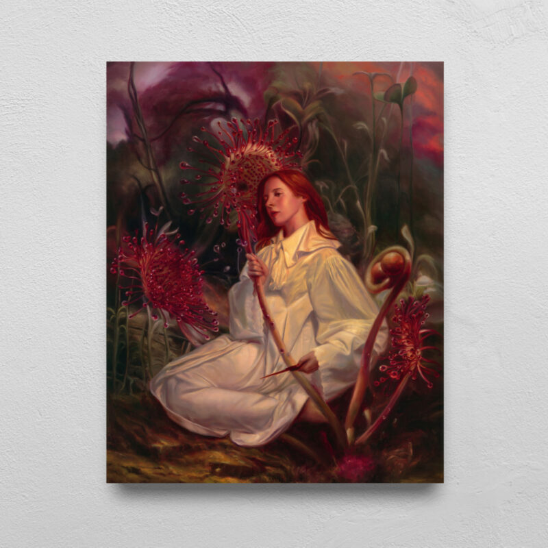 Woman holds up a sundew in one hand, while using a small blade to cut it from the stem with the other. She is staring off into the distance while wearing a white dress, a small ribbon around her neck. The environment is warm, bathed in a yellow and pink light.