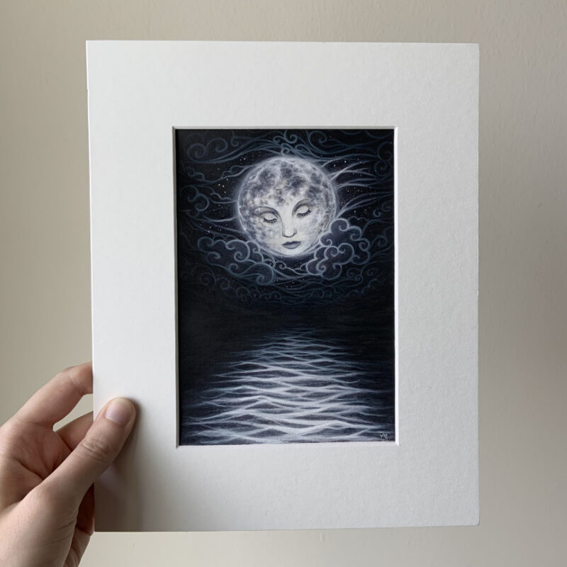 The moon gazes into the waters, lit only by her reflection.