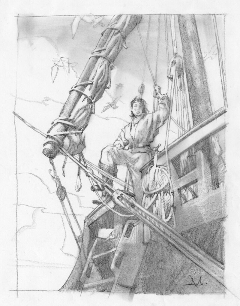 Greg Manchess drawing of the pirate Grace O'Malley standing on her ship.