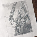 Greg Manchess drawing of the Irish pirate queen, Grace O'Malley (or Grannia) standing on a boat.