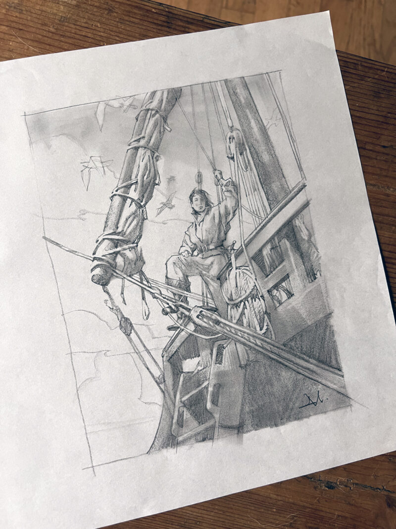 Greg Manchess drawing of the Irish pirate queen, Grace O'Malley (or Grannia) standing on a boat.