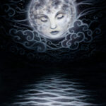 The moon gazes into the waters, lit only by her reflection.
