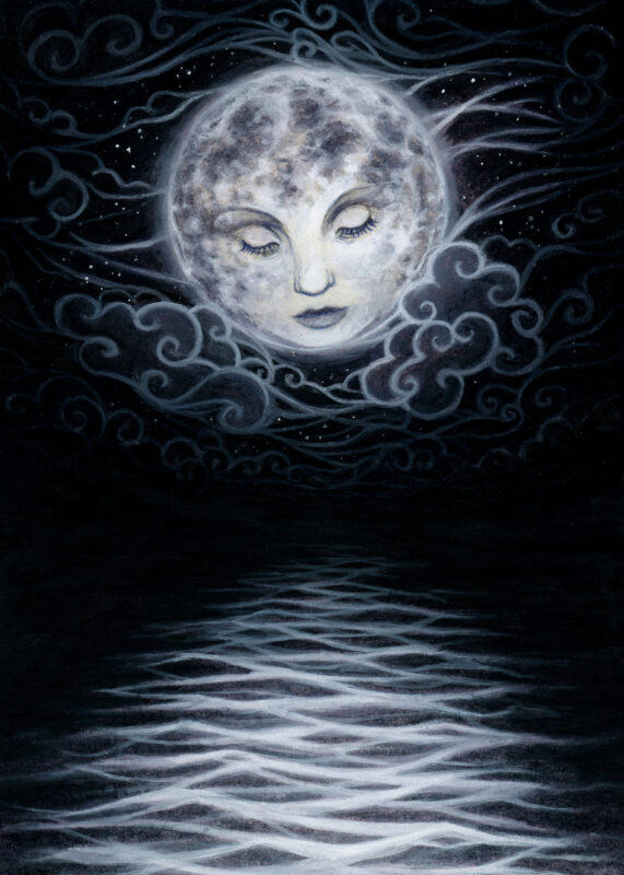 The moon gazes into the waters, lit only by her reflection.